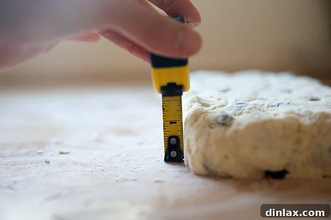 A close-up view of scone dough on a surface, demonstrating its approximate 1.5-inch thickness before cutting.