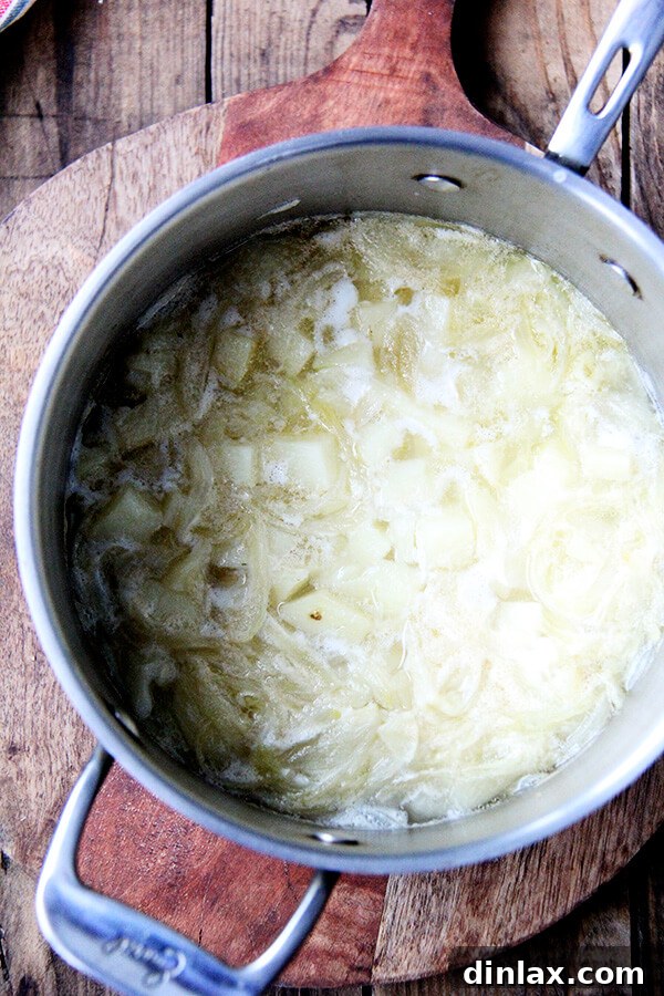 MFK Fisher's Comforting Potato Soup 4 Water added to the sautéed onions and potatoes in a pot, preparing for simmering to tenderize the vegetables.