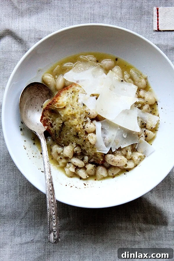 A bowl of rich, stewy white beans with crusty bread and shaved parmesan, highlighting the creamy texture achieved through brining.