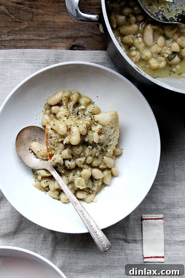 A beautifully plated bowl of stewy white beans next to a slice of toasted bread, garnished with shaved parmesan, ready to be enjoyed.