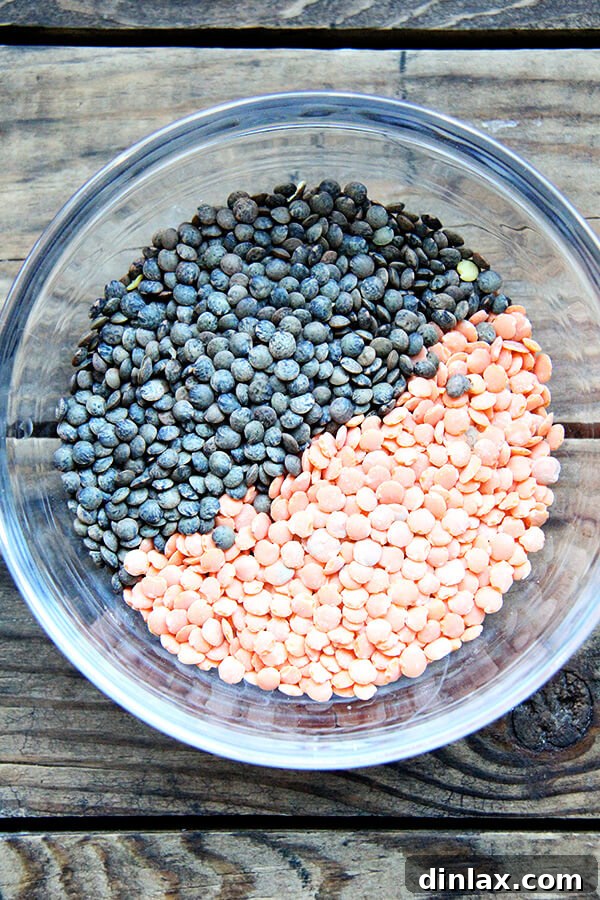 A close-up image showcasing the two types of lentils used in the dal: petite French green lentils, known for holding their shape, and red lentils, which break down to create a creamy texture. This combination is key to the dal's signature creamy and chunky consistency.