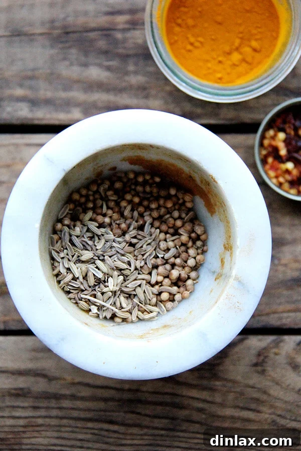 A vibrant selection of whole spices laid out for the dal: cumin seeds, coriander seeds, fennel seeds, bright yellow turmeric, and fiery crushed red pepper flakes. These spices are carefully chosen to create a rich and aromatic flavor profile for the lentil dish.