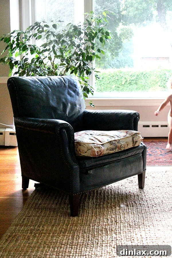 Explore Minted Fabric and Win a $150 Minted Gift Card 2 Before: Vintage blue leather chair needing an update