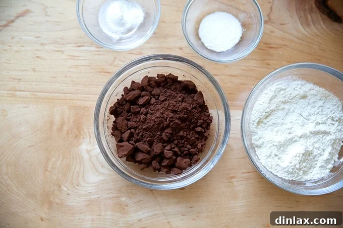 The dry ingredients to make brownies measured out in bowls, including cocoa powder, flour, baking powder, and salt, ready to be combined.