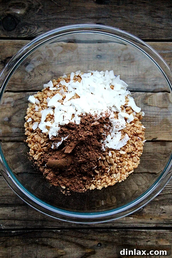 A bowl filled with the dry ingredients for homemade cocoa crunch.