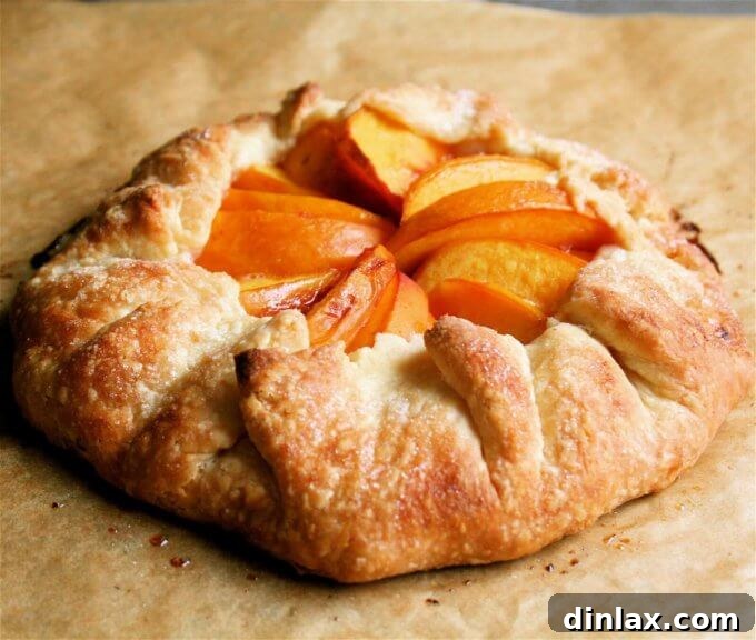 A beautifully baked, golden-brown peach tart with a flaky crust, ready to be enjoyed.