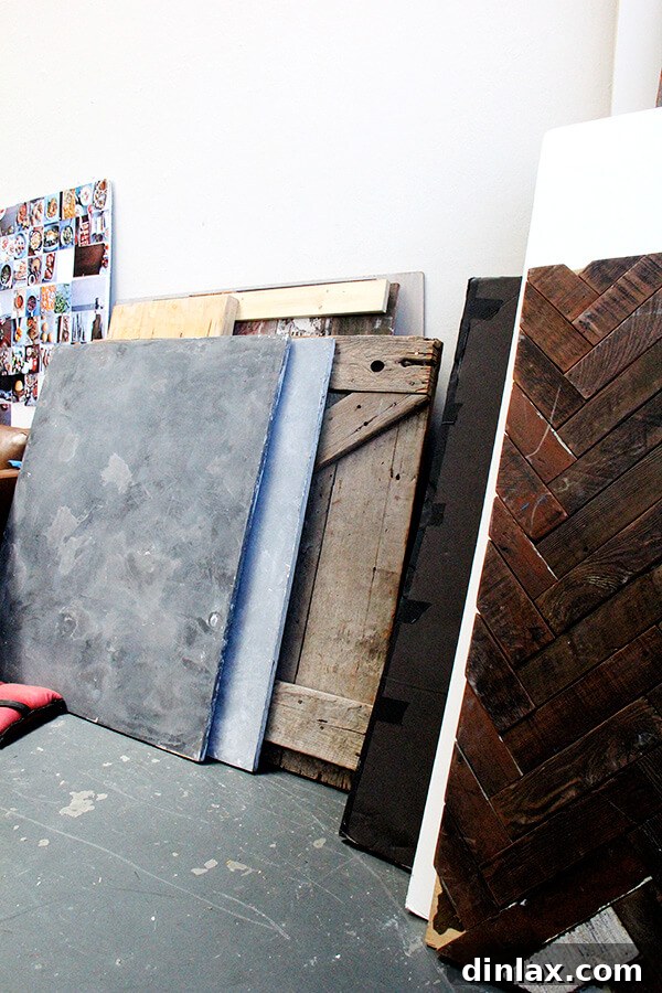 Cookbook Shoot Secrets and Bay Area Food Finds 6 A collection of diverse background surfaces, including wooden boards and textured tiles, essential for creating varied moods in food photography.