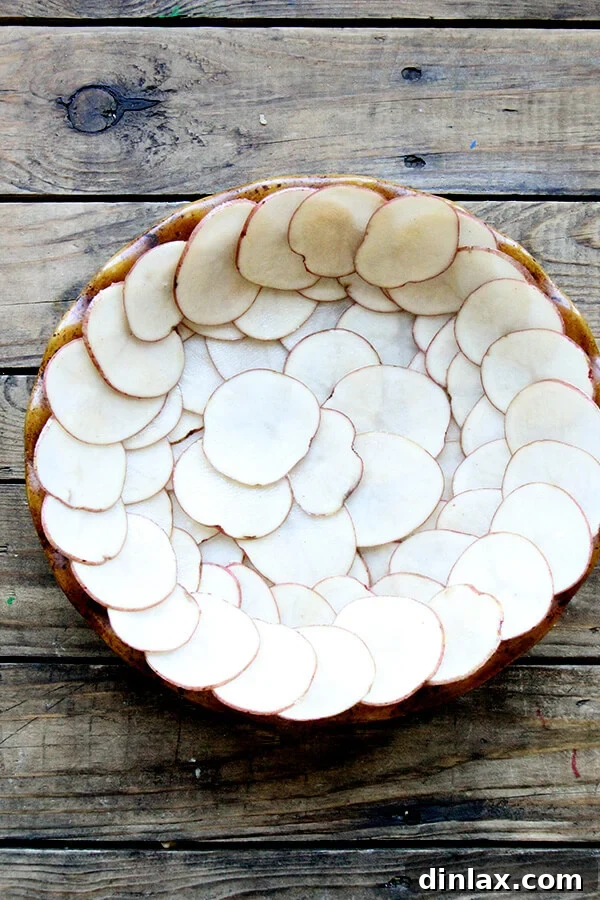Preparing the potato crust, showing thinly sliced, oiled potatoes lining a pie plate before baking.