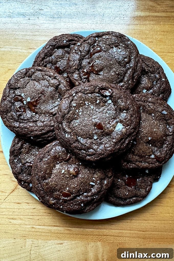 A stack of warm, fudgy double chocolate espresso cookies on a rustic plate, sprinkled with flaky sea salt.