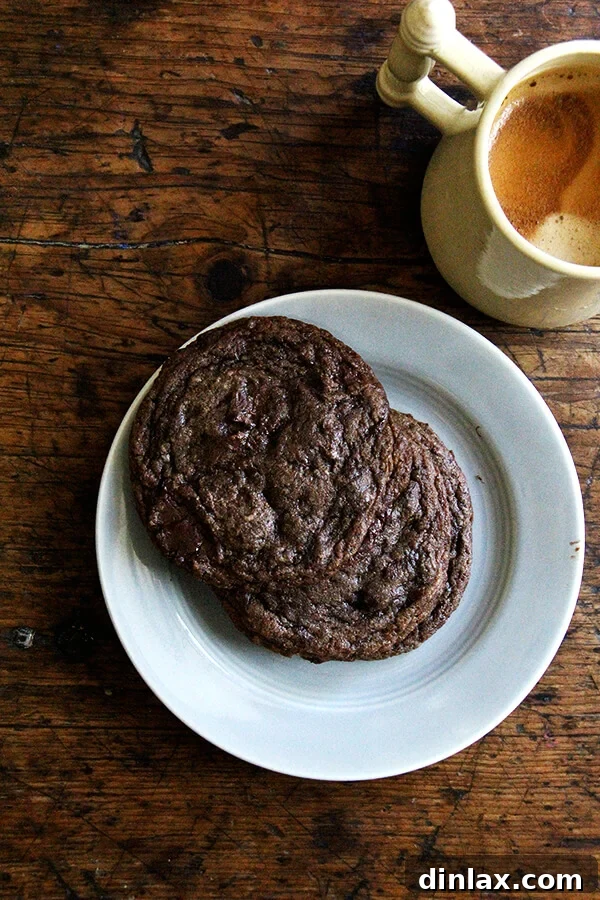 A close-up of a double chocolate espresso cookie with a bite taken out, revealing its fudgy interior and melted chocolate chips.
