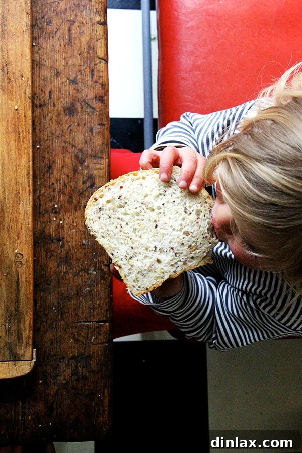Creamy Avocado Smoked Trout Toasts 13 A young child (Wren) enjoying a piece of quinoa-flax bread, suggesting its family-friendly appeal.