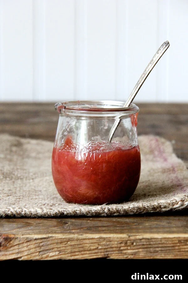 A bowl of fresh rhubarb compote with a spoon, showing its chunky texture and vibrant color.