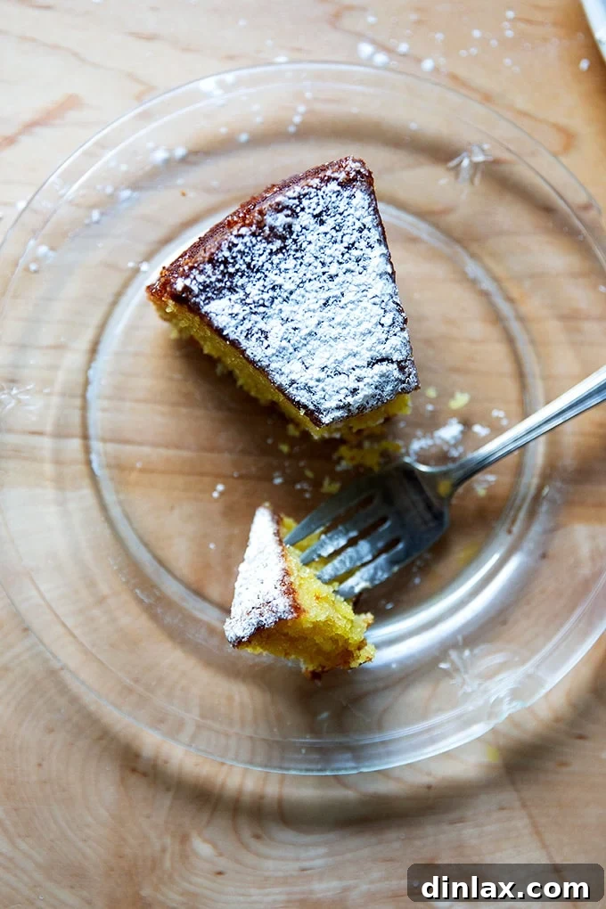 A close-up of a slice of orange and olive oil cake, showing its moist interior and orange flecks.