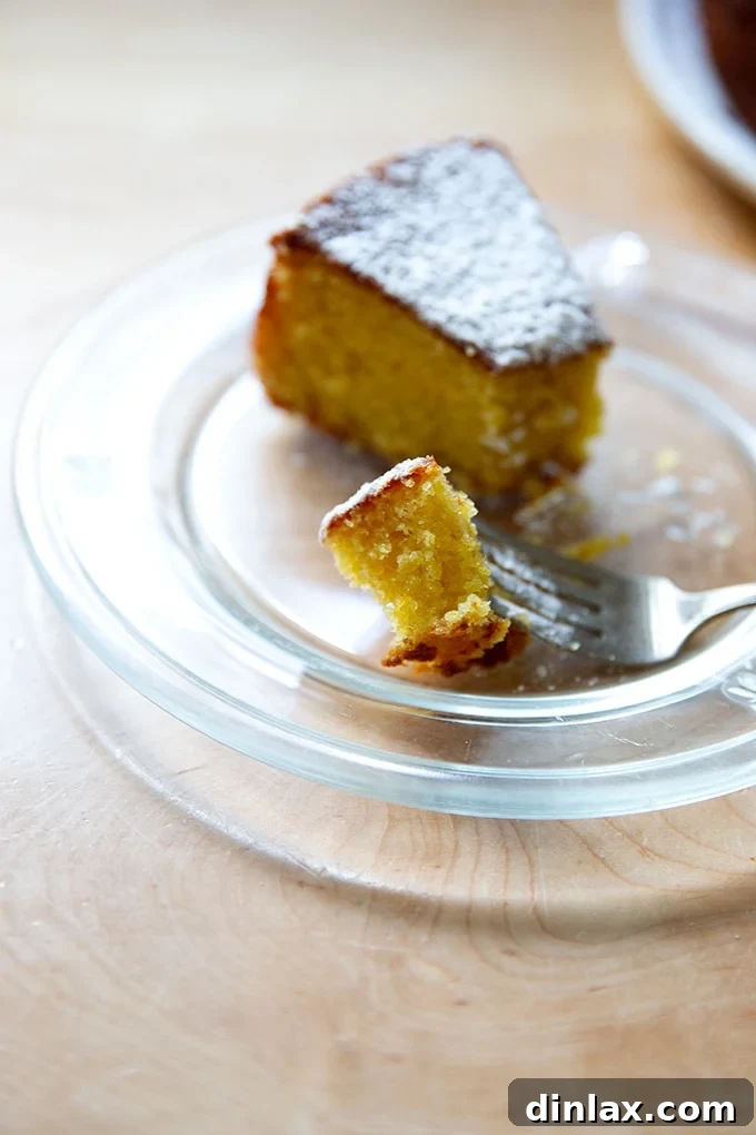 Another perspective of a single slice of orange and olive oil cake, beautifully presented.