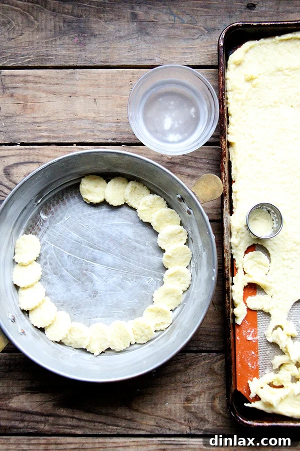 Roman Semolina Gnocchi Bake 6 Assembling the cut semolina gnocchi discs in a baking dish, arranged in an overlapping, roof-tile pattern.