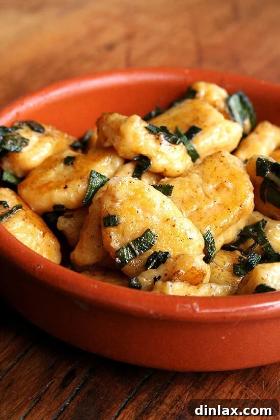 Lidia Bastianich's delectable homemade butternut squash gnocchi with sage brown butter, a perfect fall dish.