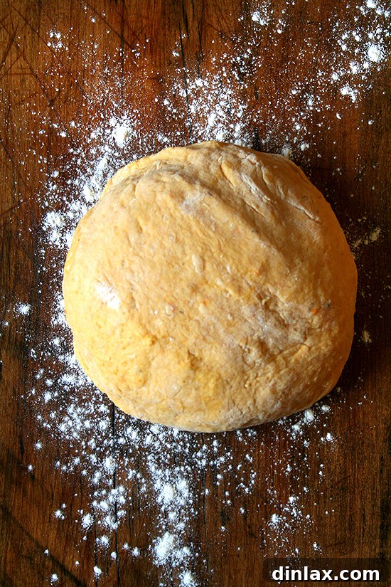 Smooth gnocchi dough resting on a floured surface, ready for shaping.