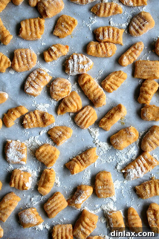Shaped gnocchi, with ridges created by rolling along a fork, ready for cooking.