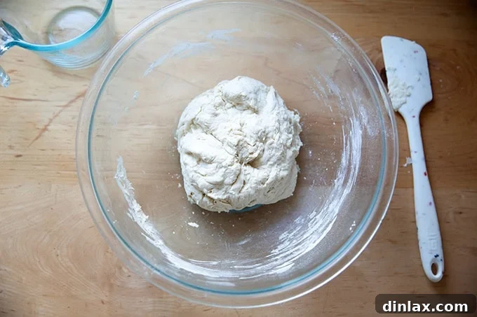 A sticky, shaggy ball of no-knead bread dough in a large glass bowl after initial mixing, ready for its long fermentation.