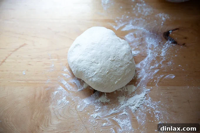 A round of shaped no-knead bread dough, ready for its second rise before baking, showing a smooth, taut surface.