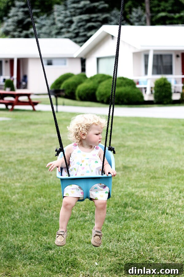 Swinging Tig at Stepping Stones Tig swinging joyfully on the resort's swing set, her laughter echoing in the crisp Upstate New York air.