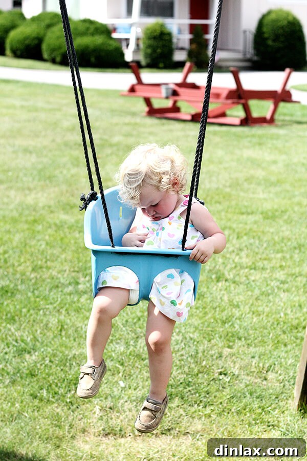 The Queen of American Lakes 8 Tig sleeping soundly in a swing, completely exhausted but content after a day full of playful adventures at Lake George.