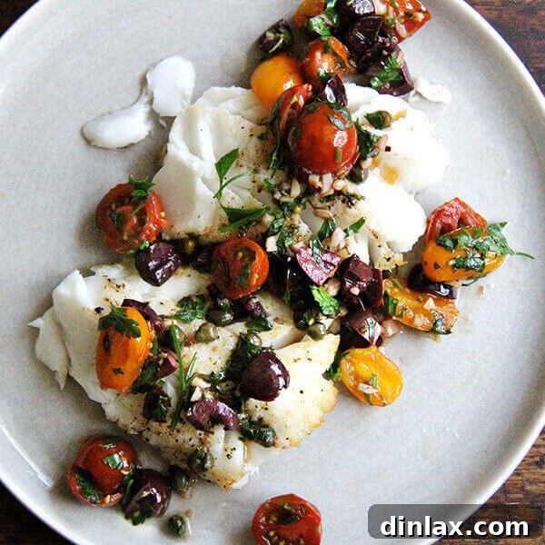 Pan-seared cod with a vibrant, fresh sauce Nicoise.