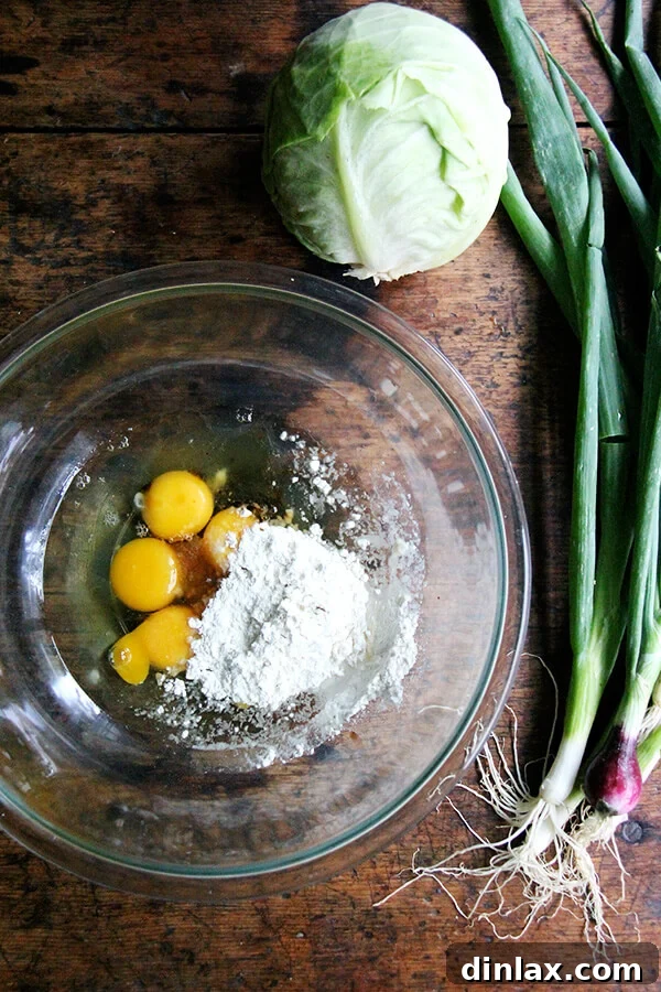 Ingredients laid out for making Okonomiyaki: shredded cabbage, eggs, flour, and chopped scallions.