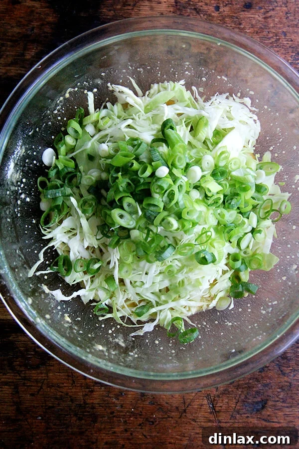 Finely shredded cabbage and chopped scallions in a large mixing bowl, ready for batter.
