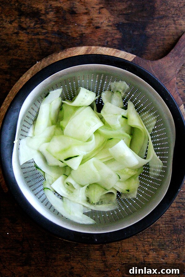 draining the cucumber ribbons