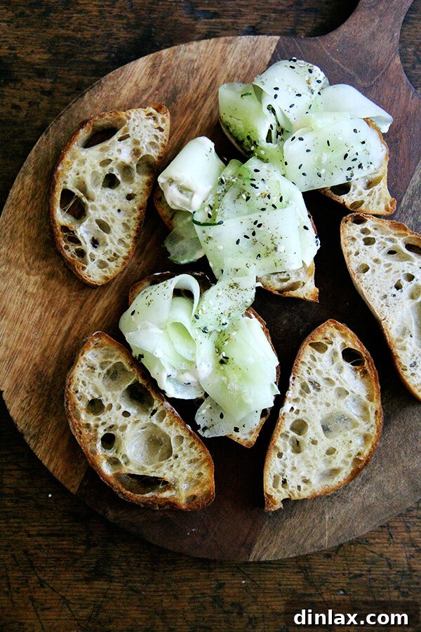 Berkshire Mountain Bakery ciabatta with cucumber and yogurt-tahini sauce tartines