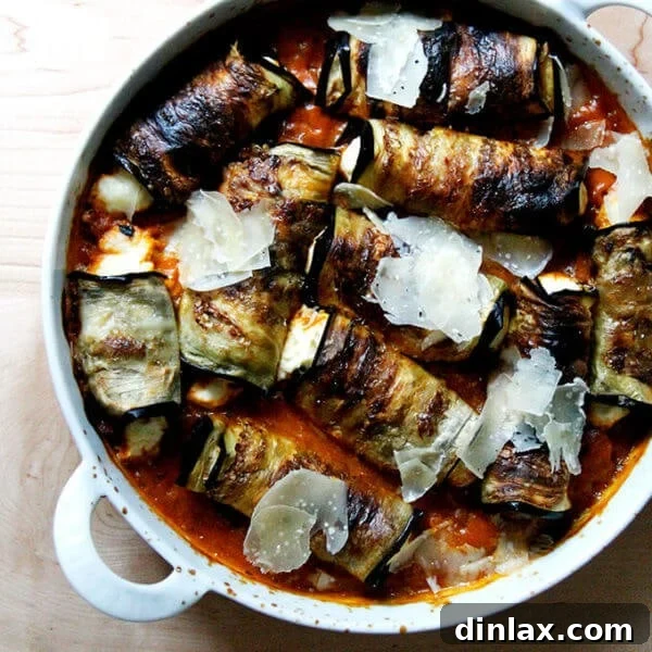 A pan of just-baked eggplant involtini, golden brown and bubbling with rich tomato sauce.