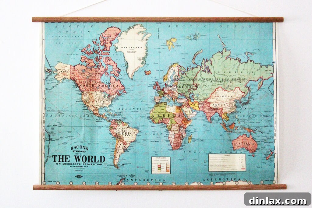 Detailed section of a Cavallini world map print.