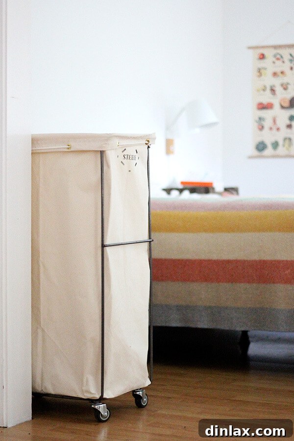 Stylish Steele narrow elevated laundry basket.