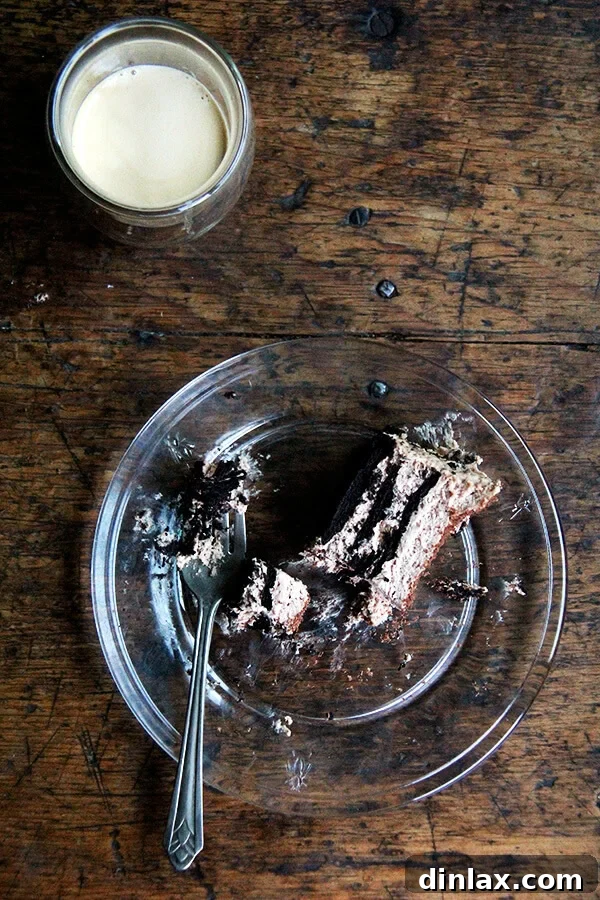 Close-up of the finished Chocolate-Espresso Icebox Cake, garnished with chocolate shavings and ready to be served, a perfect make-ahead treat.