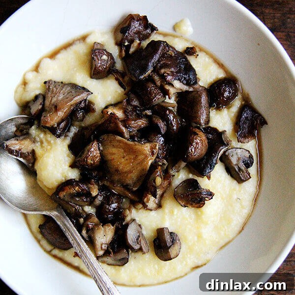 A bowl of oven-baked polenta and mushrooms.