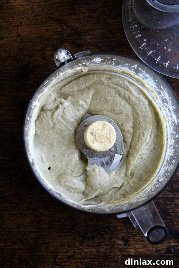 Pureed eggplant dip in a food processor