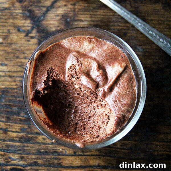 A bowl of homemade vegan chocolate mousse made with whipped aquafaba, garnished with chocolate shavings.