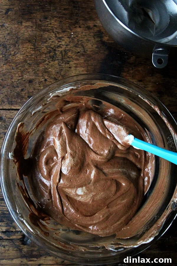 A bowl filled with a smooth, glossy chocolate mixture after the aquafaba has been fully incorporated, ready to be chilled.