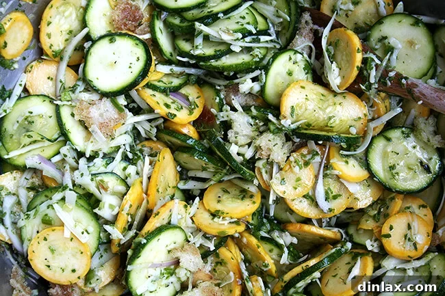 Tossed Gratin Ingredients Summer squash slices tossed with salsa verde, shallots, garlic, thyme, and chile before baking.