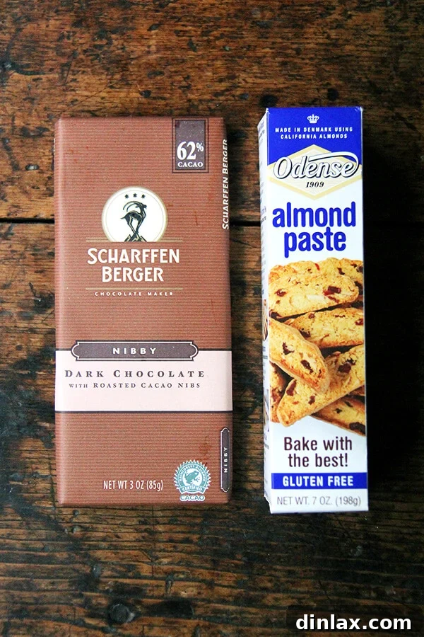 Sweet and Salty Marzipan Mandel Bread 3 High-quality dark chocolate and almond paste, key ingredients for enriching Mandel bread flavor.