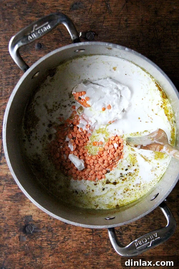 Golden Coconut Lentil Curry 4 Red lentils and creamy coconut milk being added to the sautéed aromatics and spices in a saucepan, beginning the simmering process.