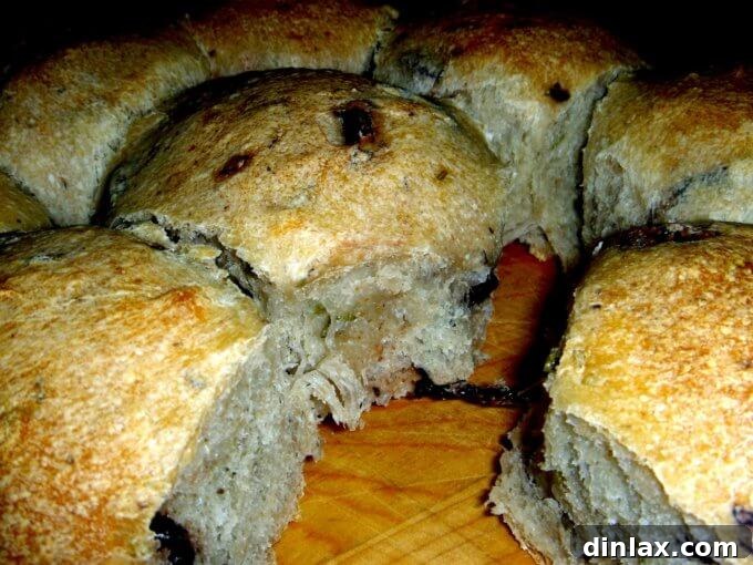 Mediterranean Rosemary Olive Rolls 2 Freshly baked Rosemary-Olive Dinner Rolls, still warm from the oven.