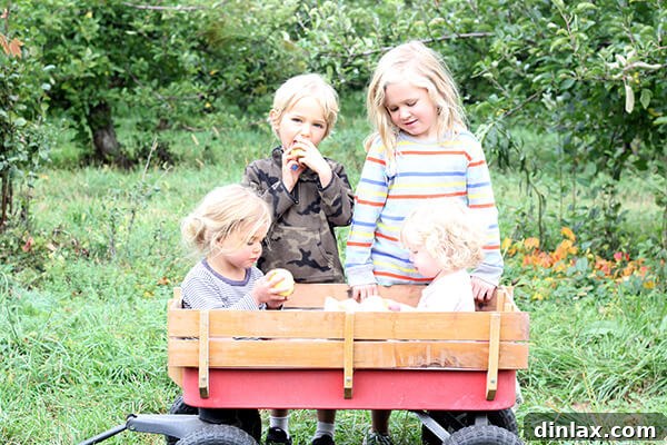 The children gathered together, enjoying their time at the orchard.