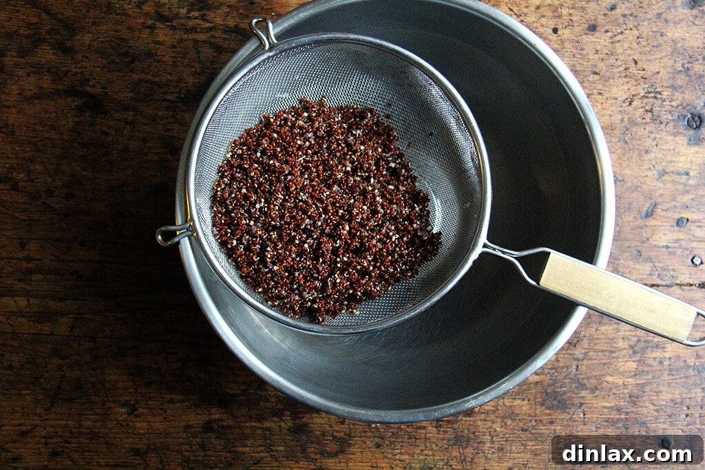 Cooked quinoa, light and fluffy, draining in a fine-mesh sieve after cooking.