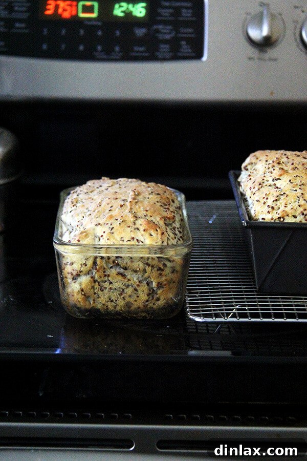 A golden-brown baked quinoa and flax bread, perfectly crusted and ready to be sliced, showcasing the rustic beauty of homemade bread.