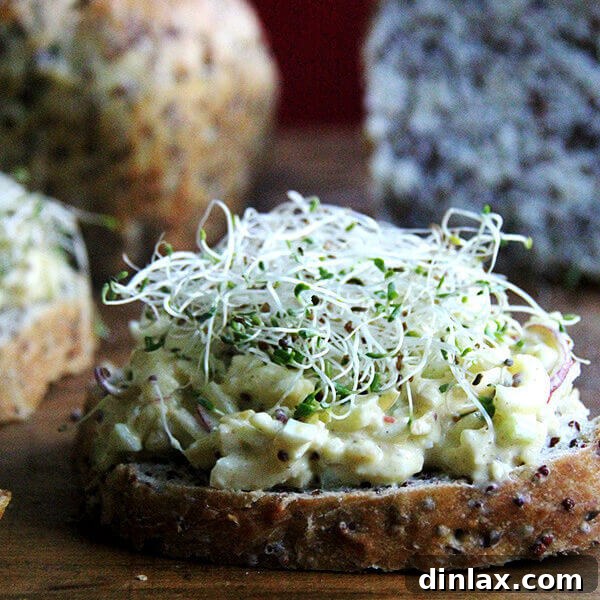 A beautifully presented curried apple and egg salad, featuring crisp apple spirals, creamy hard-boiled eggs, and a vibrant, mayonnaise-free Greek yogurt dressing, garnished with fresh sprouts and herbs. Ideal for a healthy and satisfying lunch or light dinner, this image showcases the appealing textures and colors of the dish, hinting at its fresh, tangy, and subtly spiced flavor profile.