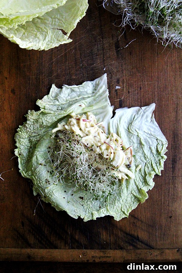 A beautifully assembled curried apple-egg salad wrap using a savoy cabbage leaf, emphasizing the healthy and innovative serving method.