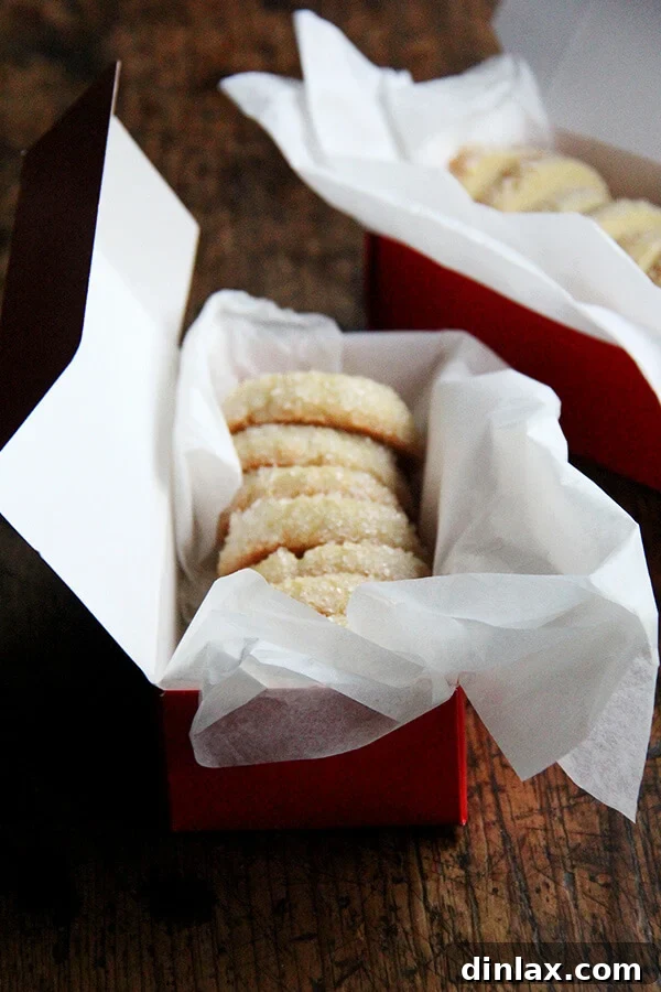 Sable cookies, which I find completely irresistible, are perfectly sweet, nicely salty, and sandy textured. My family gobbled these up so quickly that I vow to make triple batches of sablés from here on out! // alexandracooks.com Multiple gift boxes filled with Dorie Greenspan's vanilla bean sablé cookies, adorned with ribbons, showcasing their suitability as elegant presents.