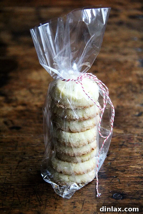 Dorie Greenspan's Classic Vanilla Bean Sablés 2 A stack of golden-brown vanilla bean sablé cookies, elegantly presented in a cellophane bag tied with baker's twine, highlighting their perfect texture and festive appeal.